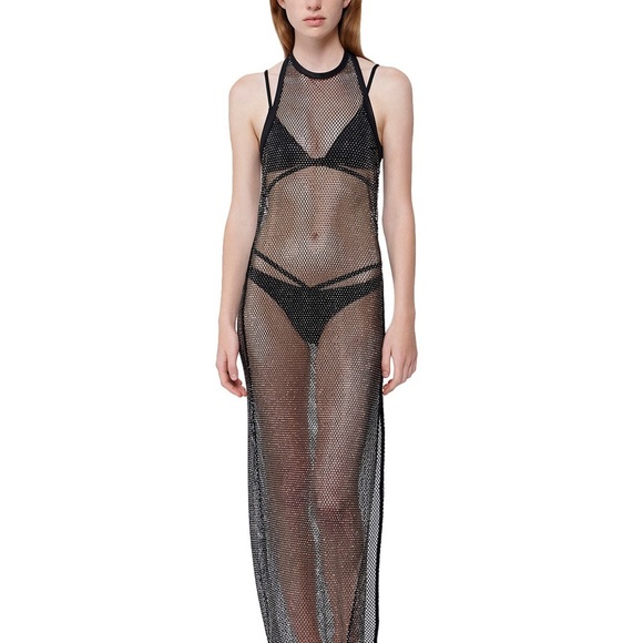 $595 Jonathan Simkhai Inaya Rhinestone Embellished Black Mesh Swim Coverup - Picture 10 of 17